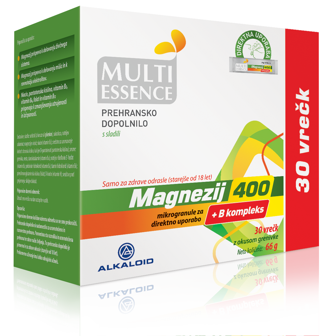 MULTI ESSENCE Magnezij 400 + B kompleks mikrogranule za direktno uporabo, 30 vrečk