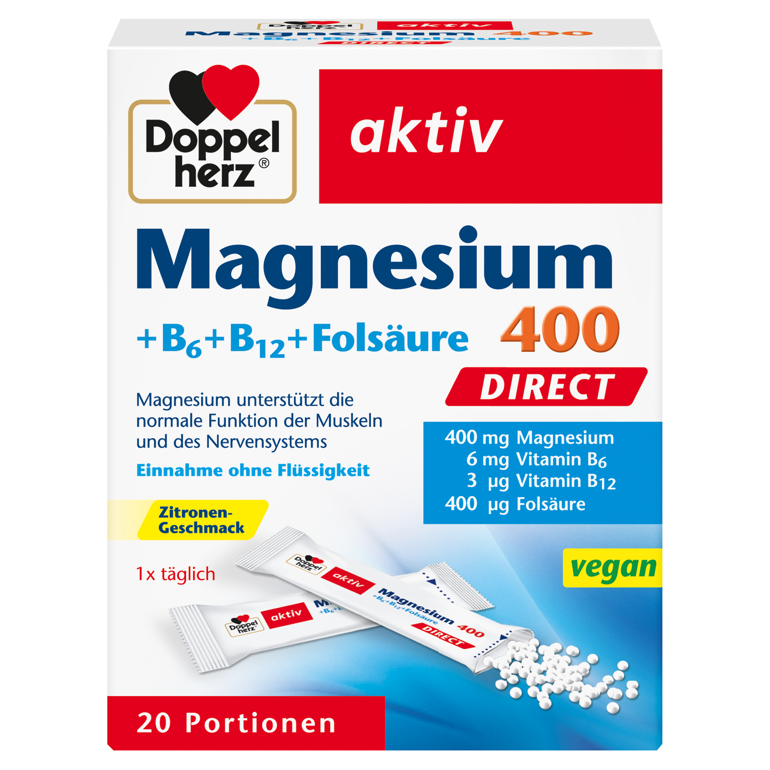 Doppelherz aktiv Magnezij 400 + B6 + B12 + folna kislina, DIREKT 20 vrečic
