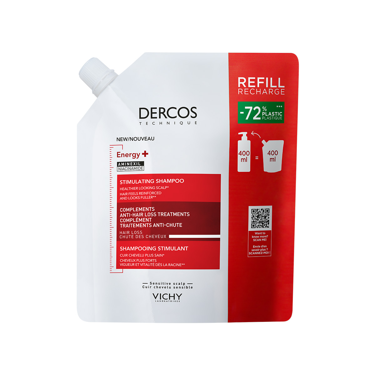 VICHY DERCOS ENERGY+ STIMULATIVNI ŠAMPON ZA MOČNEJŠE LASIŠČE ECO REFILL, 400 ML