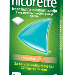Nicorette Freshfruit z okusom sadja 2 mg zdravilni žvečilni gumiji, 30 žvečilnih gumijev