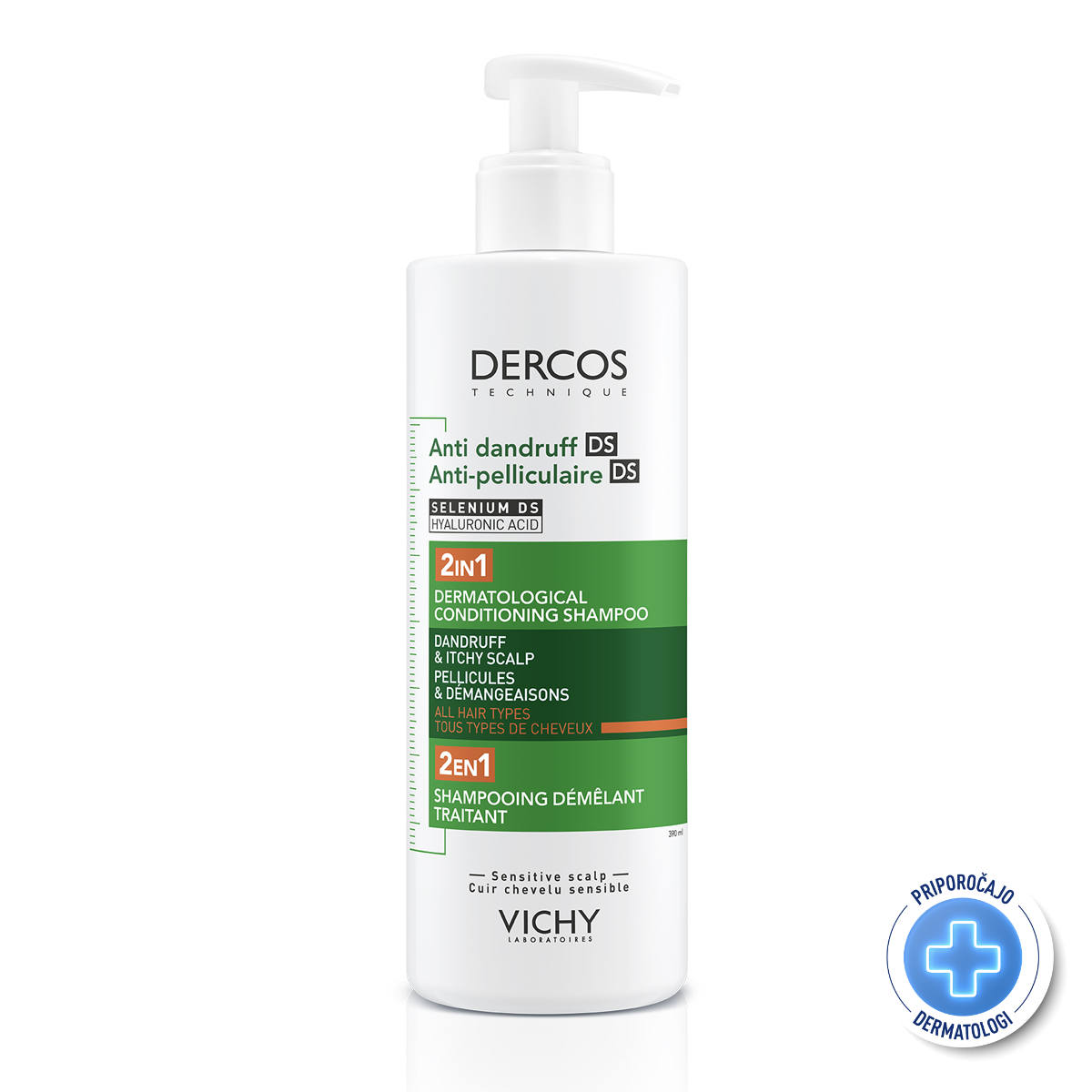 VICHY DERCOS šampon proti prhljaju DS - 2 v 1: Dermokozmetični šampon in balzam, 390 ml
