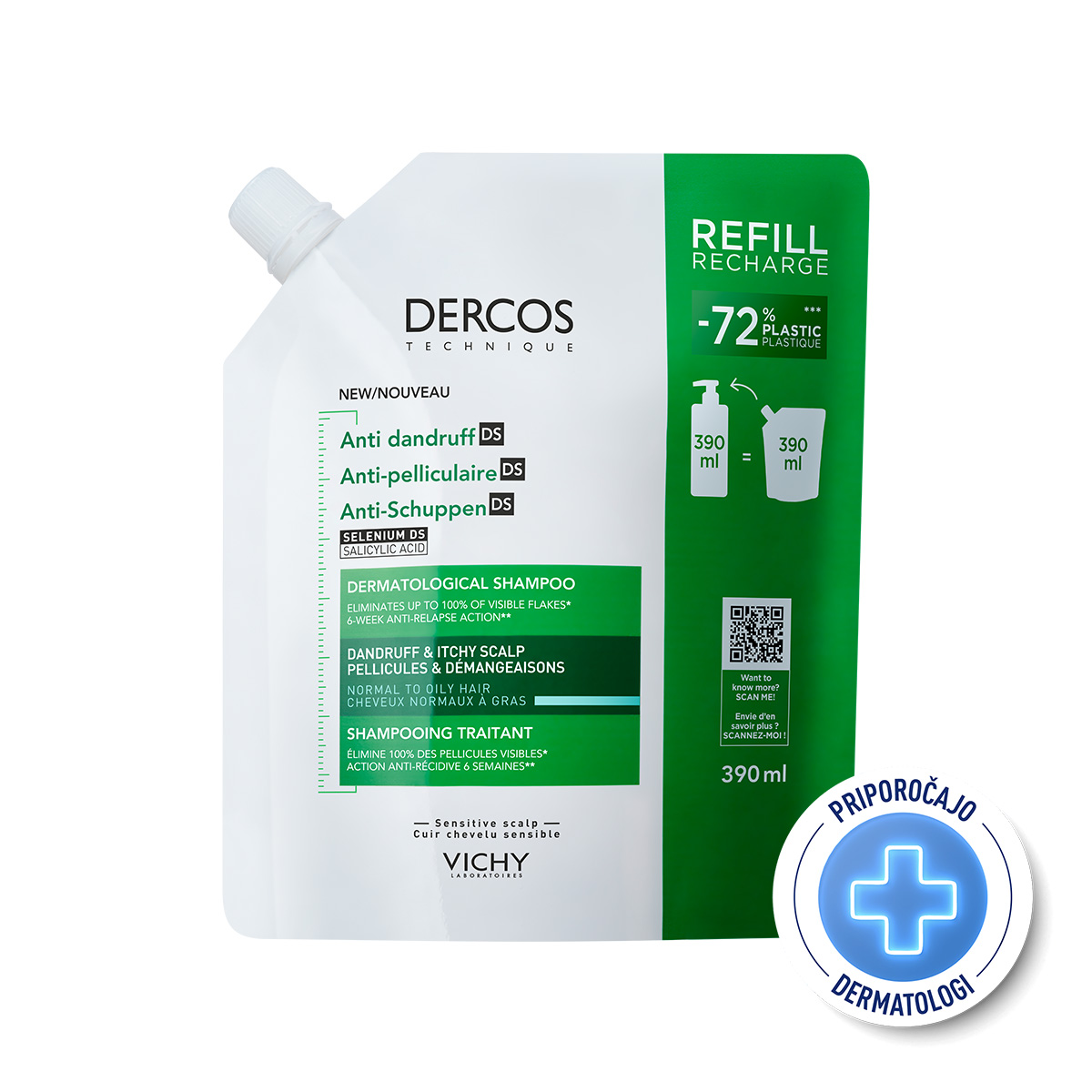 DERCOS ŠAMPON PROTI PRHLJAJU - ECO REFILL, NORMALNI DO MASTNI LASJE, 390ml