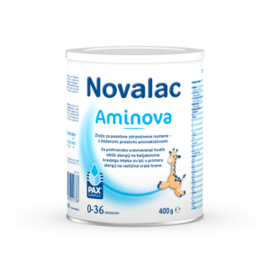Novalac Aminova, mleko za dojenčke in majhne otroke s hudo alergijo na beljakovine kravjega mleka, z regurgitacijo ali brez nje, 400 g