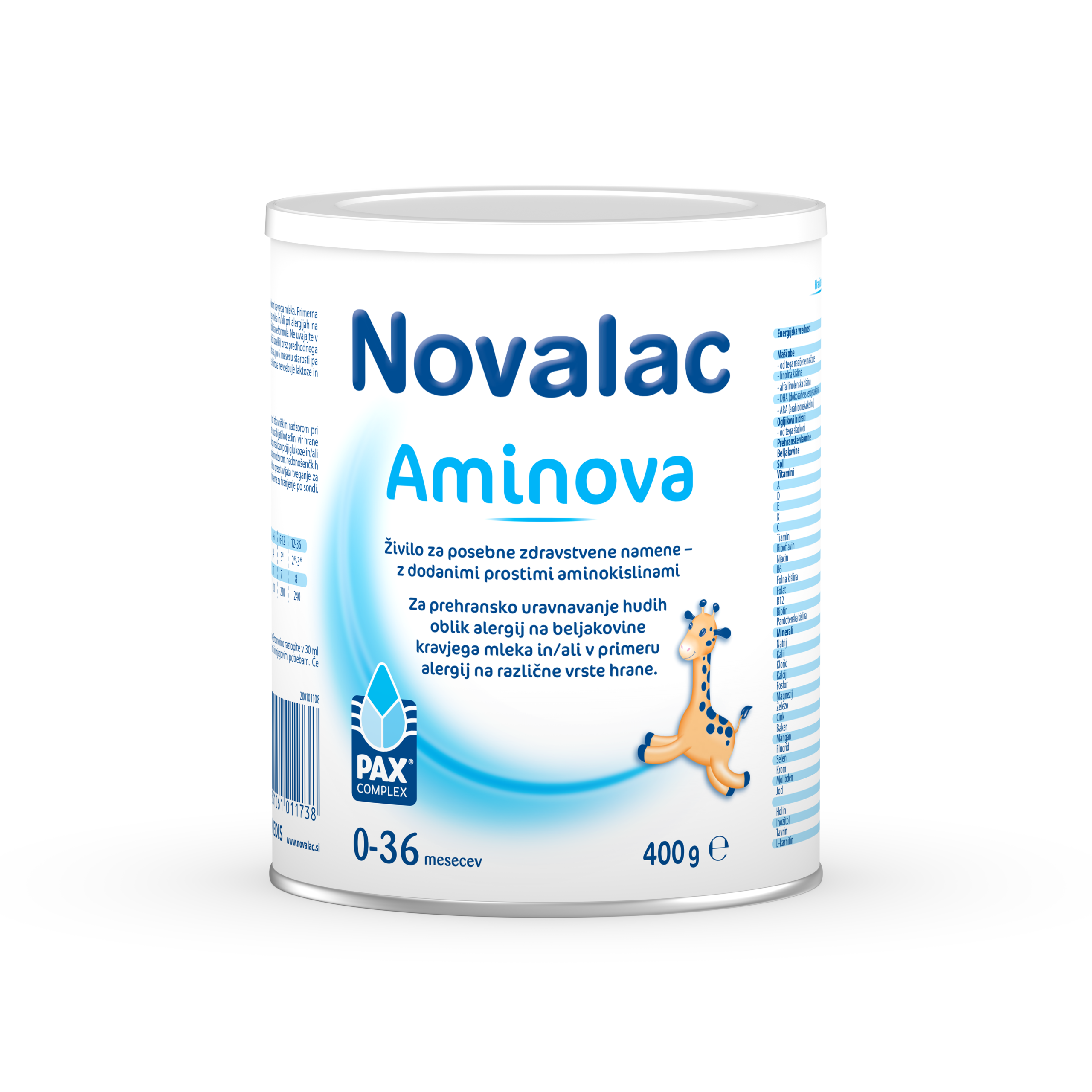 Novalac Aminova, mleko za dojenčke in majhne otroke s hudo alergijo na beljakovine kravjega mleka, z regurgitacijo ali brez nje, 400 g